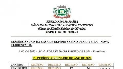 Calendário das Sessões Ordinárias de 2022