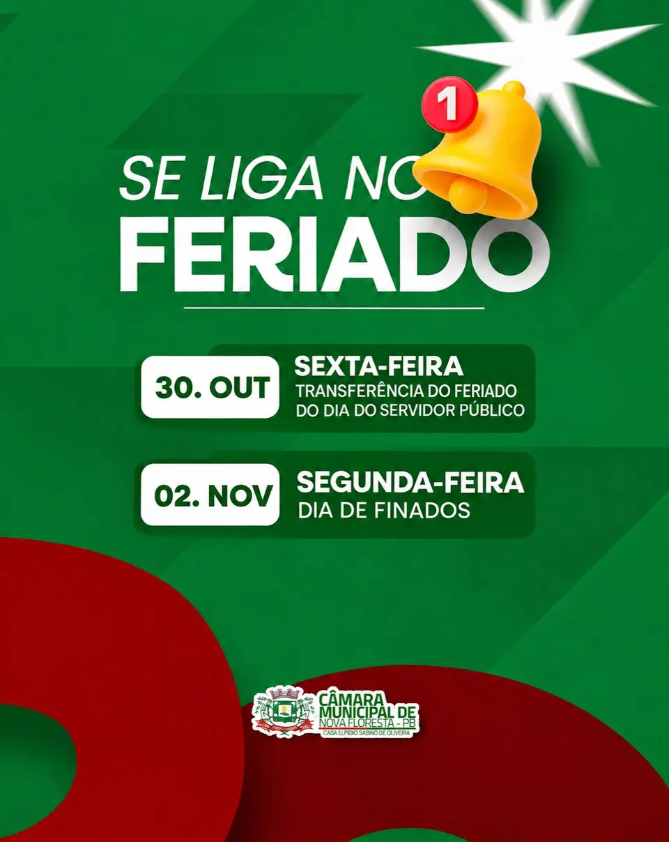Câmara de Nova Floresta informa transferência de feriado em 30 de outubro