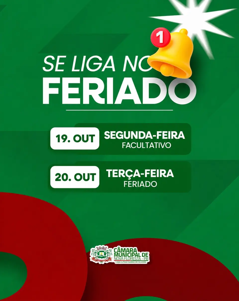 Câmara de Nova Floresta informa ponto facultativo e feriado em outubro