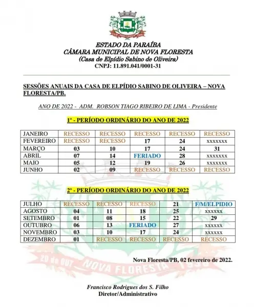 Calendário das Sessões Ordinárias de 2022
