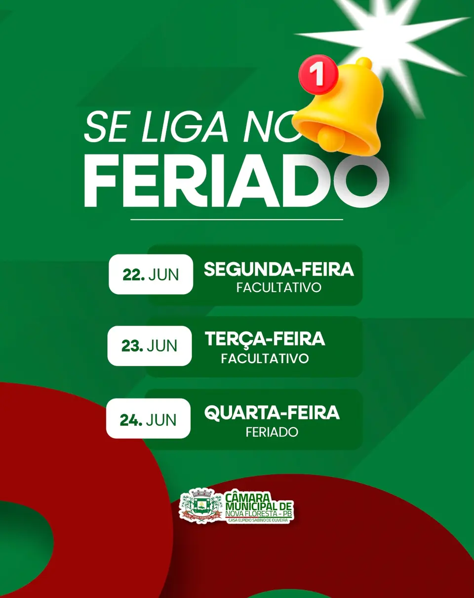 Câmara Municipal de Nova Floresta divulga calendário de funcionamento durante período de feriado