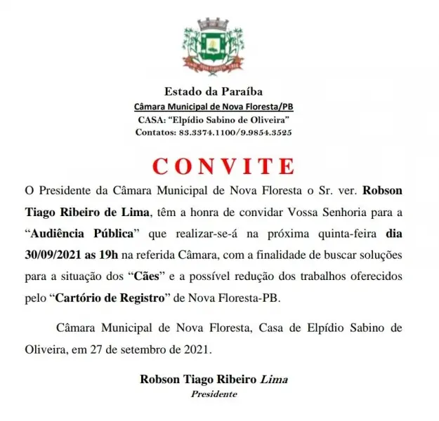 Câmara Municipal realizar? Audiência Pública para tratar da situação dos Cães e do Cartório de Registro