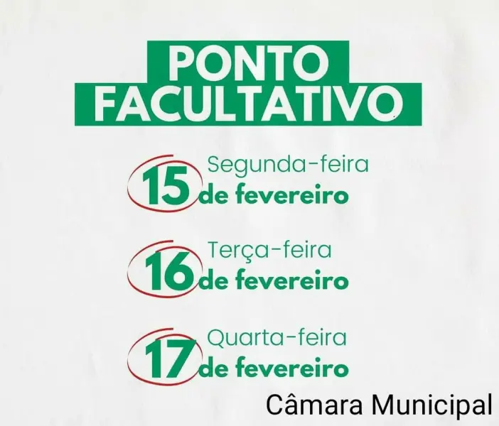Ponto Facultativo nos dias 15, 16 e 17 de fevereiro de 2021