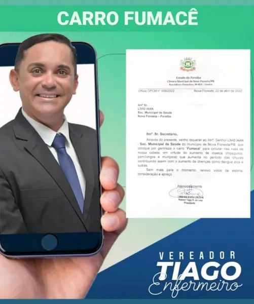 Vereador Tiago Enfermeiro solicita Carro Fumacê a Secretaria de Saúde de Nova Floresta.