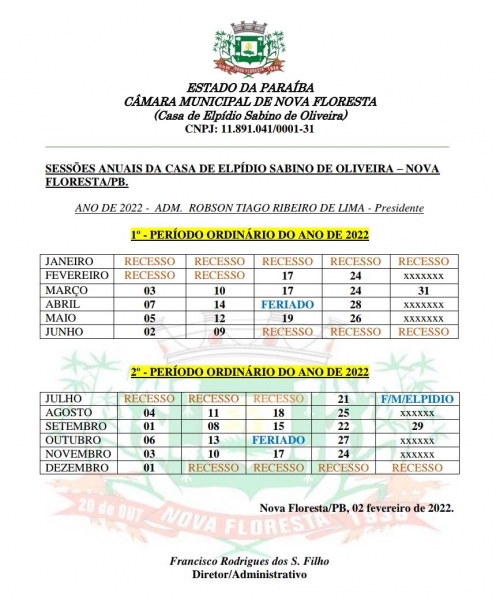 Calendário das Sessões Ordinárias de 2022