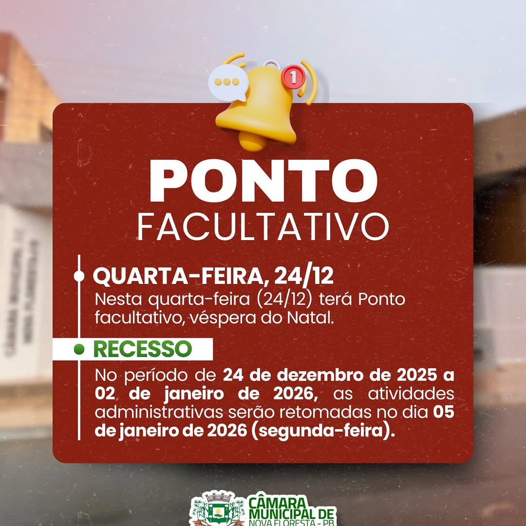 Câmara de Nova Floresta informa recesso administrativo de fim de ano